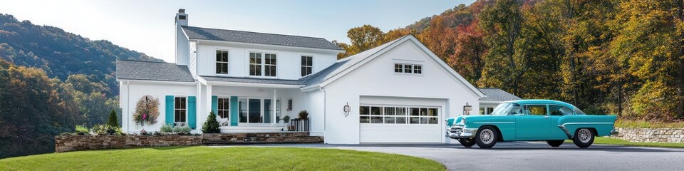 High-resolution stock photo of modern West Virginia home, white and blue, cyan car.