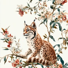 A lynx sitting gracefully among vibrant flowers with a soft background in a serene setting
