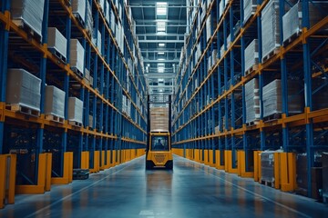 Fototapeta premium A modern warehouse interior showcases a forklift in an aisle, highlighting efficient inventory management and storage solutions in largescale industrial facilities for better business operations