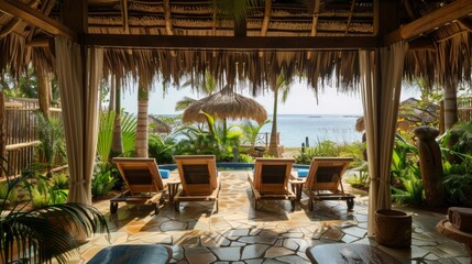 Fototapeta premium Visualize a tropical beach resort where guests enjoy chocolate-themed spa treatments. Chocolate-infused massages