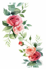 Naklejka premium Roses and leaves, watercolor flowers isolated on white background, wedding invitaiton card design