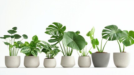 Obraz premium collection of indoor mini plants potted Monstera isolated on white background