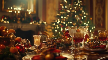 Vintage Art Deco Christmas decorations arranged on a lavish dining table, blending opulence with holiday spirit.
