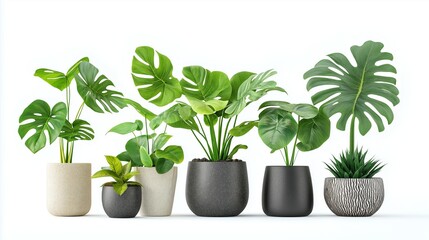 Obraz premium collection of indoor mini plants potted Monstera isolated on white background