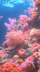 Vibrant underwater scene showcasing colorful coral reefs and marine life.