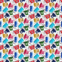 Watercolor seamless pattern with colorful retro phones
