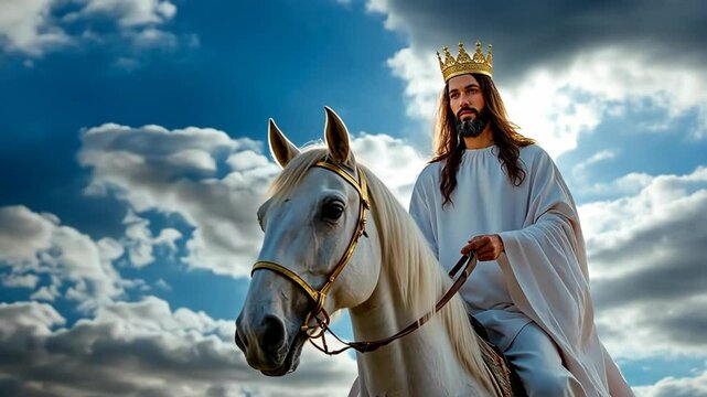 Jesus Crist wearing gold crown and white robe riding on white horse back with blue clear sky as background