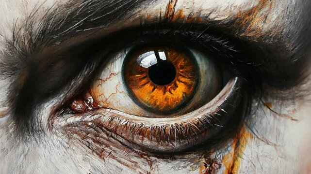 A close-up of an eye with a dark brown iris and a yellow sclera