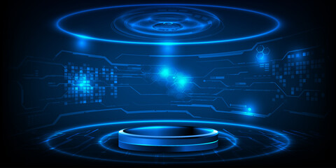 Vector illustrations of Futuristic  digital technology stage with glowing blue pedestal podium stage layout for hi tech showcase.Digital tech concept.