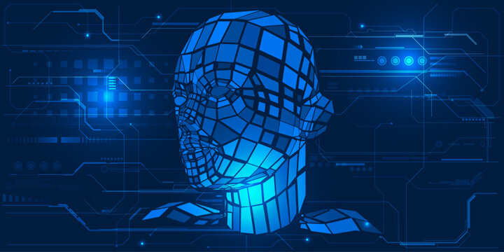 Vector illustration of artificial intelligence technology background.Virtual human droid with tech elements.