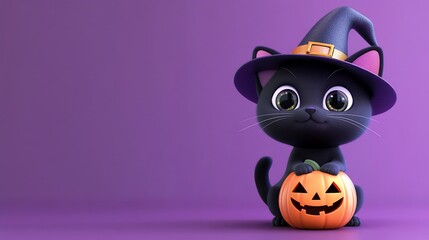 Fototapeta premium A cute black cat wearing a witch's hat holds a jack-o'-lantern on a purple background.