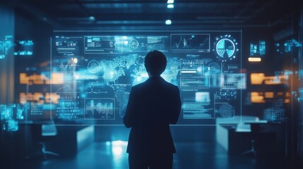 High-definition 3D illustration of a businessperson in a modern, creative office reviewing a digital whiteboard with icons of goals, brainstorming sketches, and creativity indicators