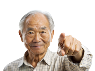 an elderly Asian man pointing with his right hand. The man is smiling and appears to be in a good mood