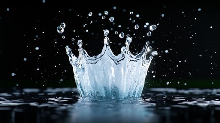 Water Droplet Splash Crown Shape Black Background Freshness Clean Purity