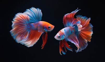 Beautiful movement of Fullmoon betta fish, Two Fancy Fullmoon Betta, The moving moment beautiful of Siamese Fighting fish, Betta splendens, Rhythmic of Betta fish isolated on black background