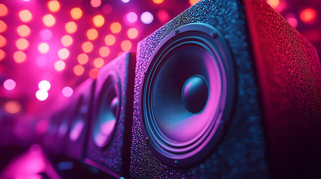 closeup shot of a black speaker with a large round driver illuminated by vibrant neon lights The speaker is set against a background of blurred outoffocus pink and blue lights