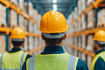 Efficient logistics team in warehouse, wearing safety helmets and vests, focused on inventory management. Their teamwork ensures smooth operations and safety