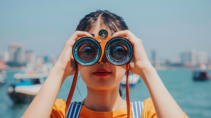 Young woman using binoculars to look at the ocean.