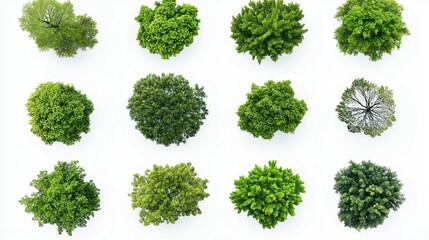 collection of tree views from above isolated on white background