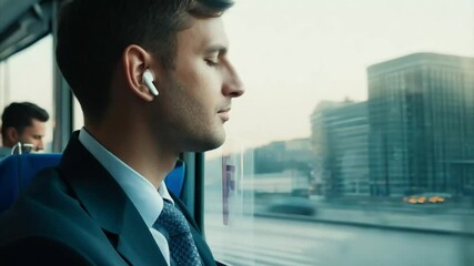 man in headphones listening to music in public transport