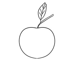Illustration of an apple. Sketch of an apple in black on a white background. An apple with one leaf.