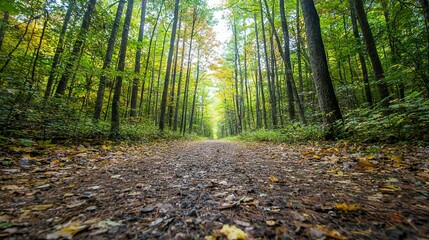 Obraz premium A serene forest path lined with vibrant trees and fallen leaves.