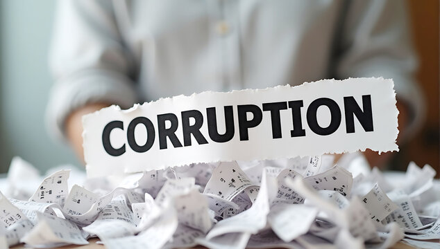 Papers being shredded with the word CORRUPTION visible, symbolizing the eradication and exposure of corrupt practices.