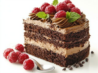 A single chocolate cake with clearly visible layers, with lots of bright red raspberries separated on a white os in order.