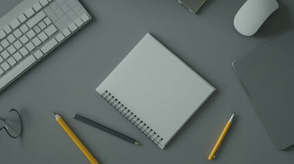 Notebook with pencil on gray background, surrounded by keyboard and mouse