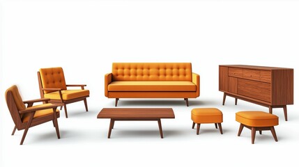 mid century modern furniture collection isolated on white background