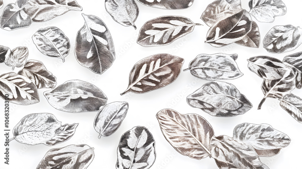Aufkleber a collection of monochrome leaves arranged artistically on a white background, showcasing intricate 