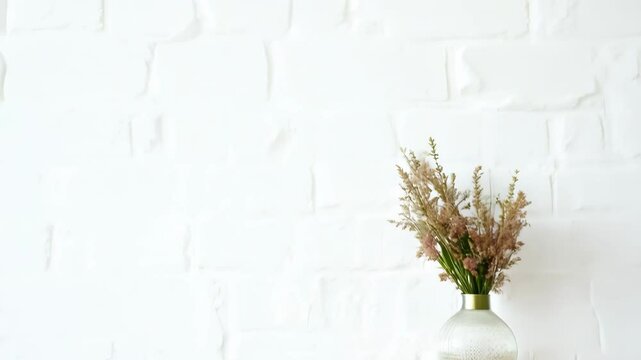 A whitewashed brick wall adorned with simple, natural decorations like wooden shelf and vase with decorative plants in high key lighting, creating a minimalistic and serene atmosphere.