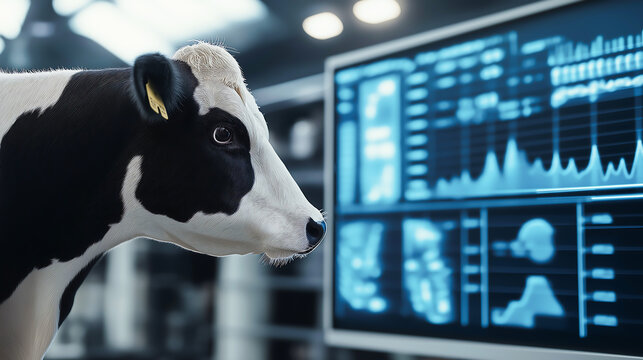 A curious cow looking at a computer screen displaying data and graphs in modern farm. Innovation in modern farming
