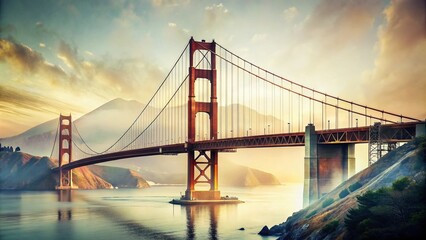 Fototapeta premium Contemporary Minimalist Double Exposure Artwork Featuring the Golden Gate Bridge in a Unique Documentary Photography Style with Artistic Elements and Urban Vibes