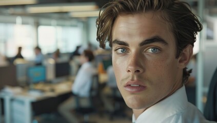 Obraz premium Handsome young man standing in the office or university classroom. New apprentice employee. First day at work
