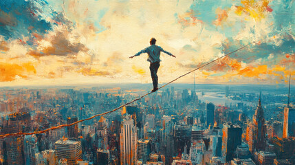 A daring tightrope walker balances high above a vibrant city skyline during sunset, showcasing determination and the pursuit of balance in life