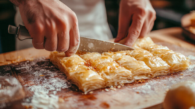 Chef slicing fresh baklava on wooden board in kitchen with precise technique