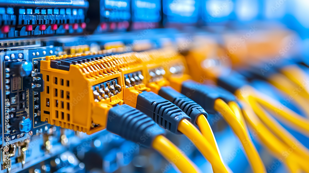 Poster close up of yellow network cables connected to server in data center, showcasing intricate technolog