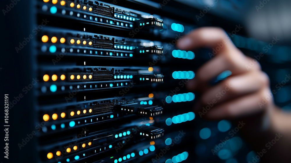 Poster technician adjusts server hardware in data center, focusing on maintenance and connectivity. image captures intricate details of technology and network infrastructure