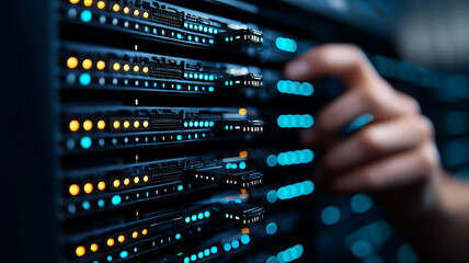 technician adjusts server hardware in data center, focusing on maintenance and connectivity. image captures intricate details of technology and network infrastructure