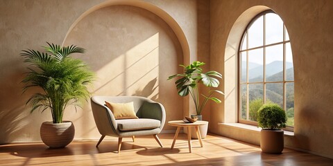 Cozy Fashion Photography Corner with Curved Chair, Potted Plant, Arched Window, Earth-Toned Walls, Minimalist Decor, and Subtle Natural Light for Home Aesthetics
