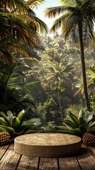 A serene green podium surrounded by lush tropical vegetation in an illuminated forest setting, perfect for showcasing products or decorative items during daylight hours