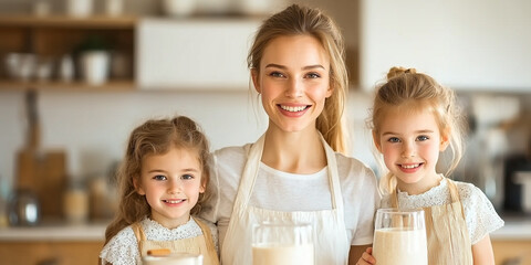 mother and her two daughters happily prepare healthy breakfast smoothies in bright kitchen