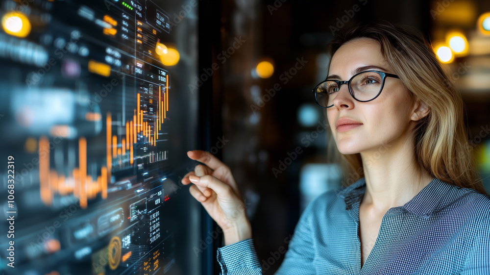 Aufkleber woman analyzing data on digital screen in modern office setting