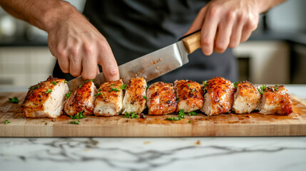 Chef slicing juicy grilled chicken on wooden board in modern kitchen setting