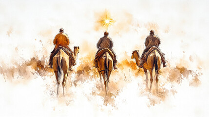 Three wise men journeying on camels beneath the star of Bethlehem in a serene watercolor landscape representing the birth of Jesus