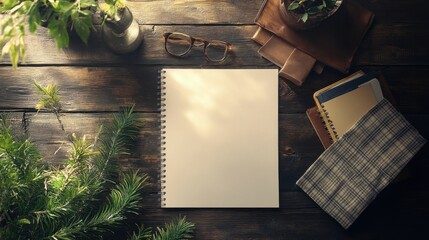 Top view desk setup with blank paper, notepad, glasses, and plant