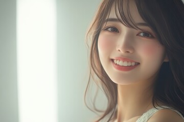 Naklejka premium With radiant complexion, an Asian woman exudes elegance and vitality, making her image perfect for skincare and beauty product promotions.