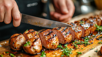 Chef slicing succulent grilled meat with herbs in a kitchen setting