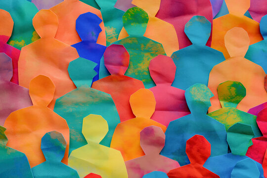 Colorful paper cutouts of human silhouettes overlap, creating a vibrant, abstract representation of diversity and community.